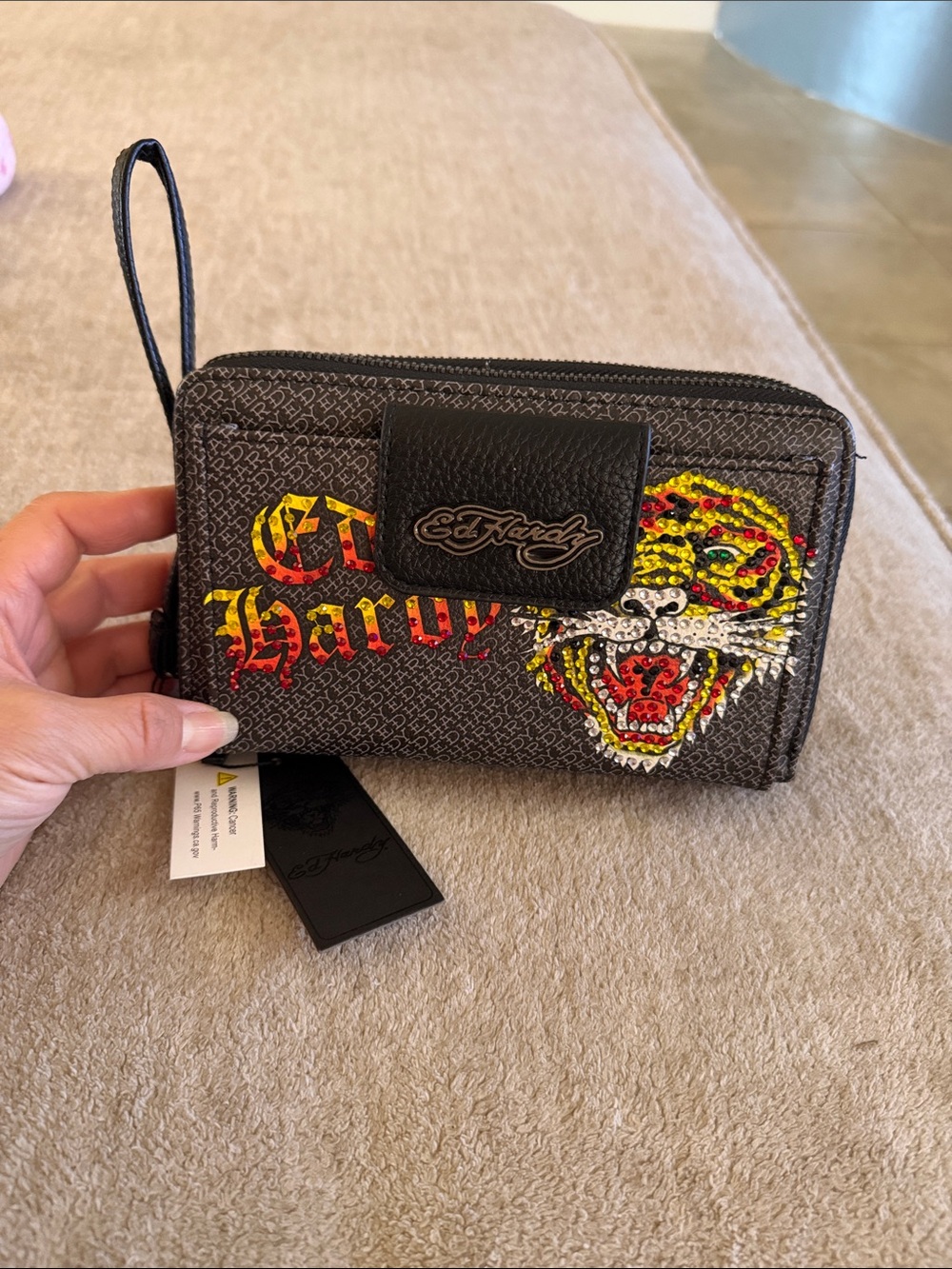 Ed Hardy Black Wristlet Wallet with Red and Yellow Tiger Graphic NWT